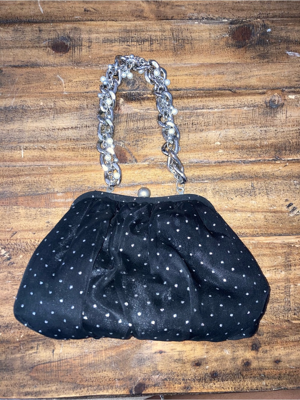 Betsey Johnson women’s Black Polka Dot Evening Clutch with Silver Chain Handle